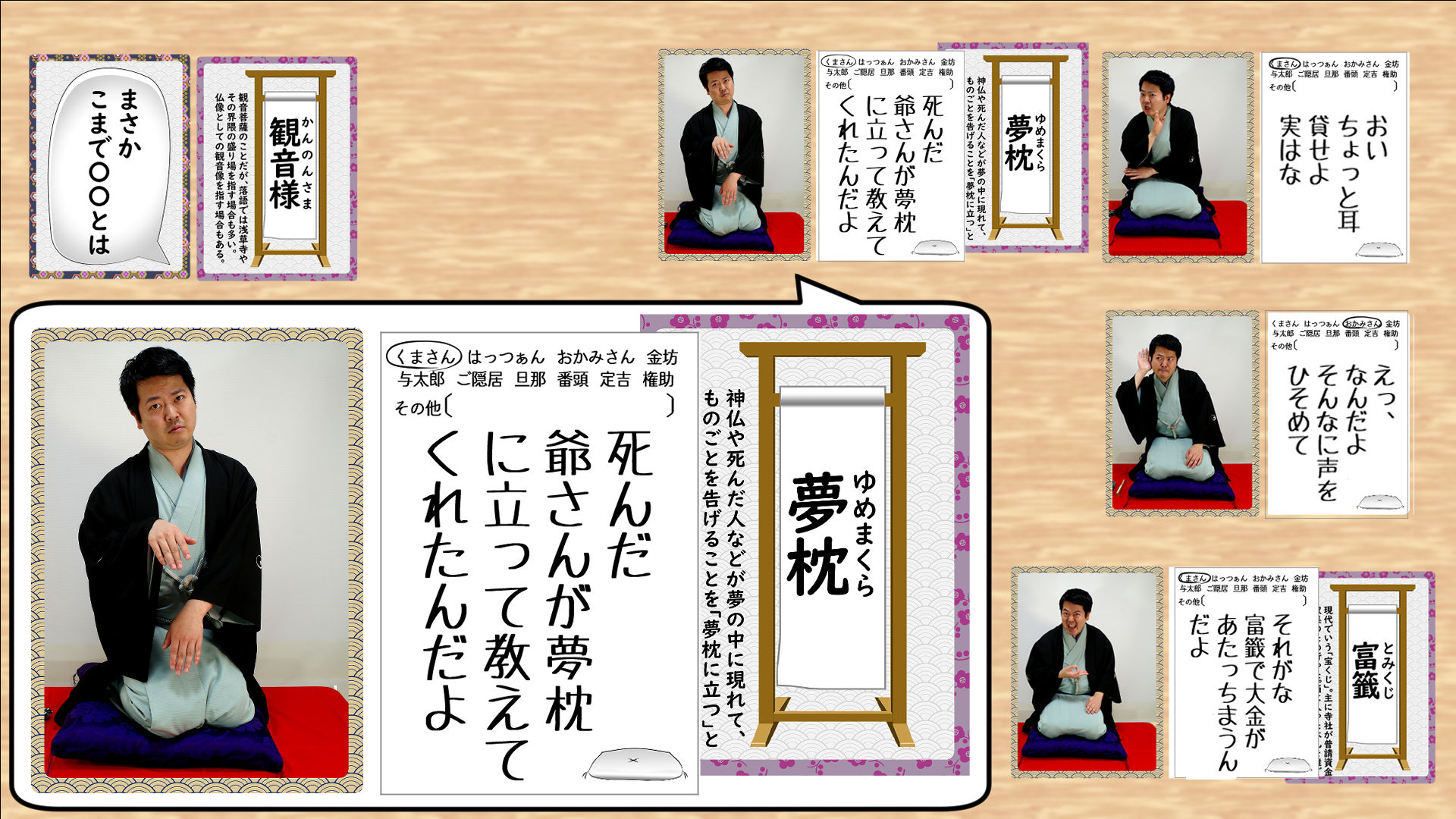 お題を織り込んだ所作札と噺箋の例