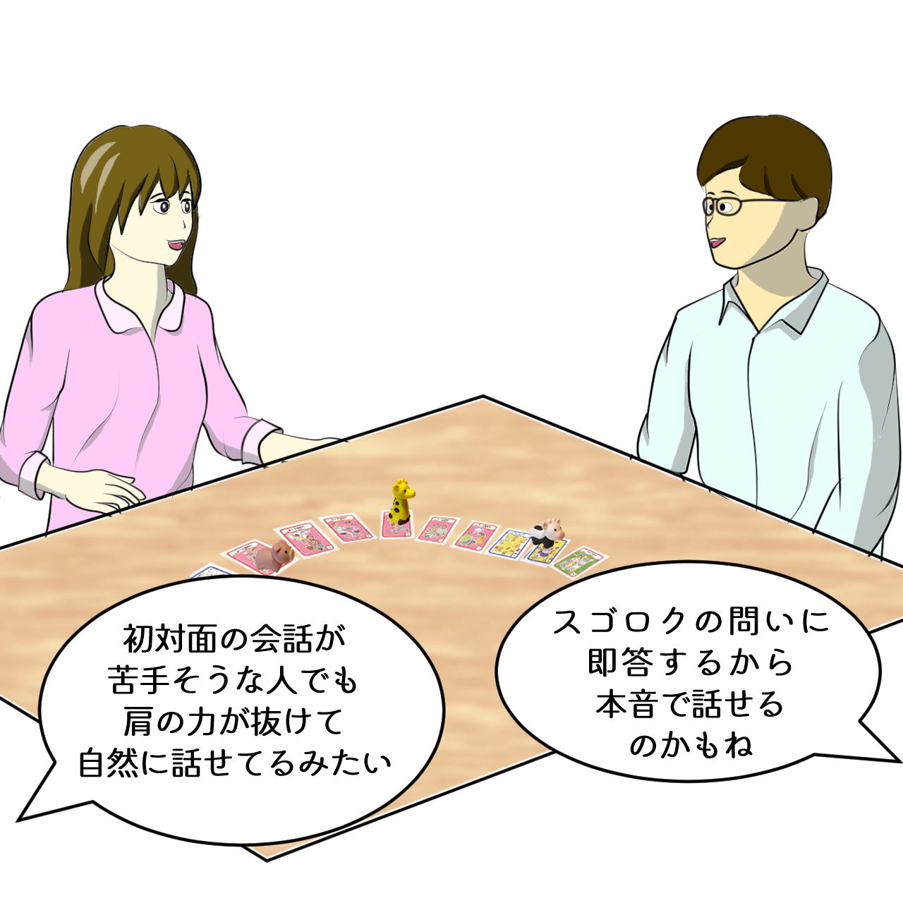 （プレイ中を引いた画角で）初対面の会話が苦手そうな人でも自然に話せてるみたい。本音が出てる感じだね。